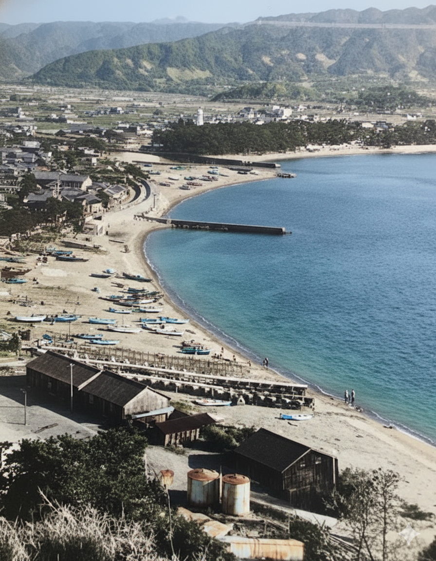 湯浅の湊（みなと）の古写真。埋め立て前の海岸線に多くの小舟が見える