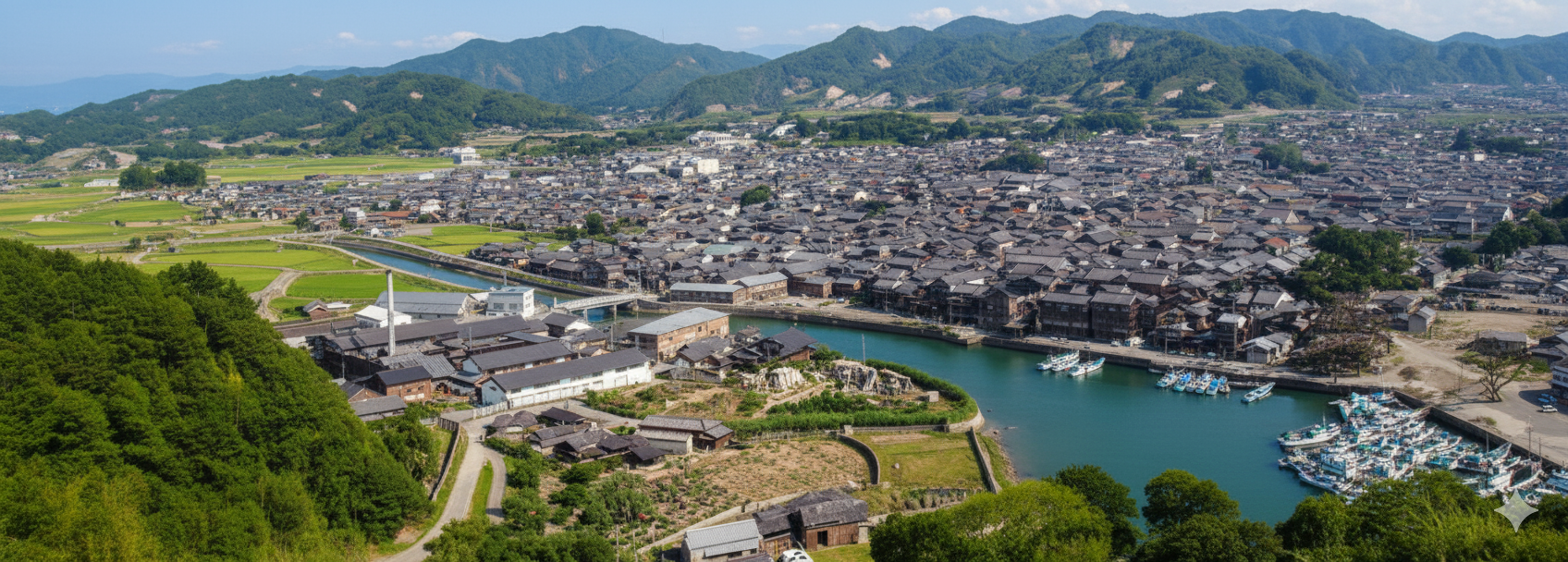 栖原坂の上から湯浅の街並み（醤油蔵）を一望するパノラマ写真